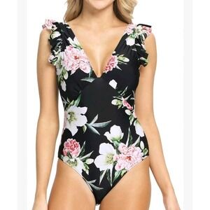Women's Sz S‎ Short Sleeve One-Piece Rash Guard Swimsuit Swimwear Black/ White